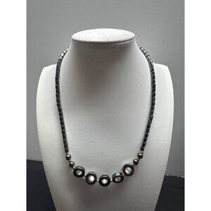 Hematite Beaded Necklace With Gold Accents & Barrel Clasp